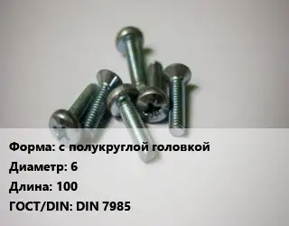 Винт с полукруглой головкой 6х100 DIN 7985